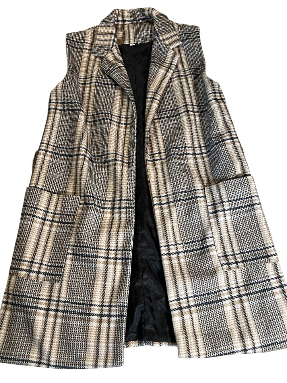 SHEIN Beige & Black Plaid Sleeveless Coat Vest. Small. Lined